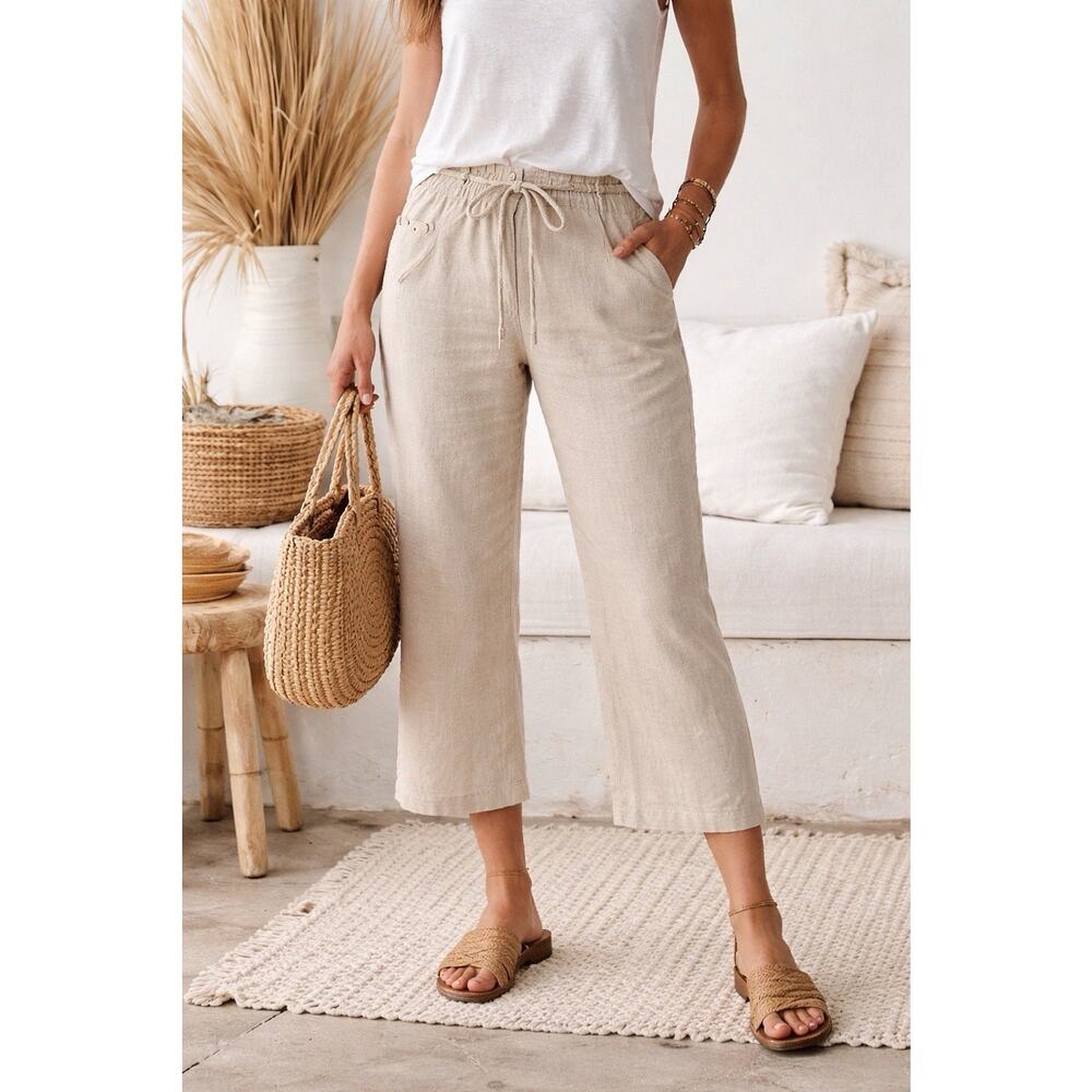 Sanctuary 100% Linen Cropped Pants Women Sz 29 Beige Drawstring Resort Wear Boho